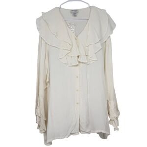 Florissant Cream Ruffle Neck Long Sleeve Rayon Blouse Top 3X Romantic Boho Flowy